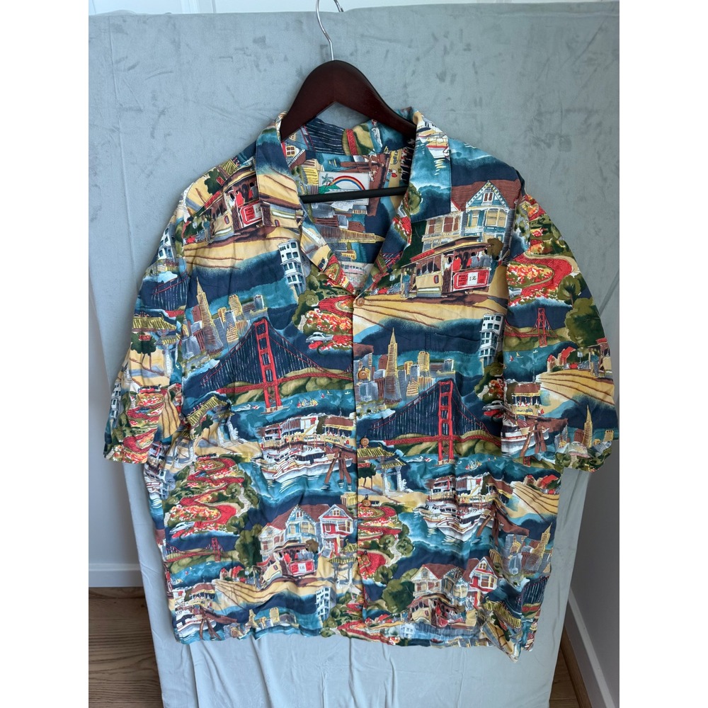 Paradise Found San Francisco Scenic Aloha Shirt Mens 2XL Multicolor Vintage Rare